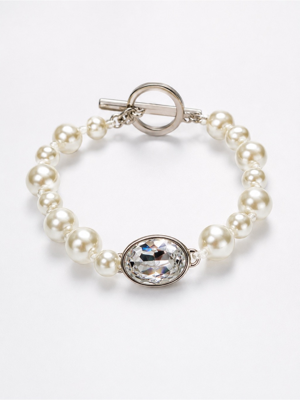 Givenchy Faux Pearl Crystal Bracelet Silver Tone Elegant Toggle Bracelet
